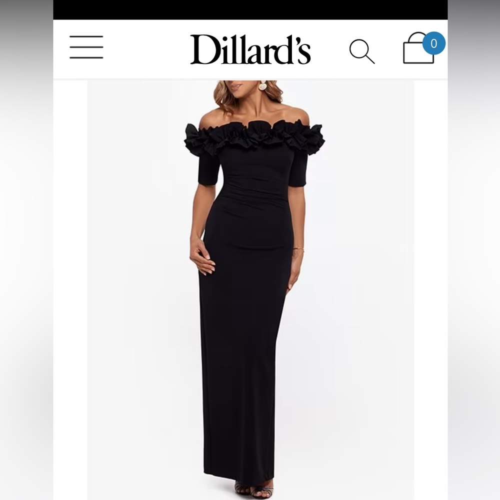 NWT Beautiful black off the shoulders floor length dress from Dillards.